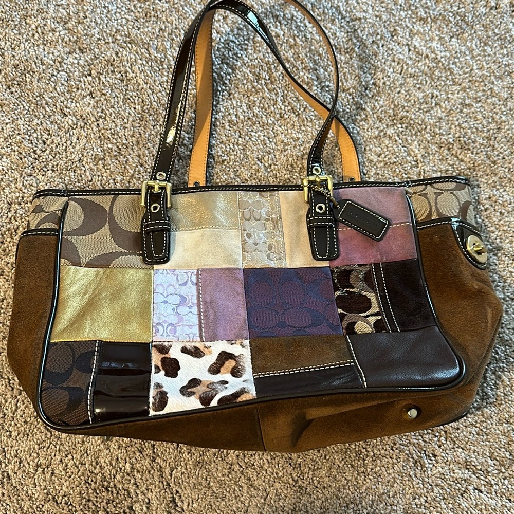 Coach Vintage Holiday Patchwork Multicolor Suede Leather Tote 9499